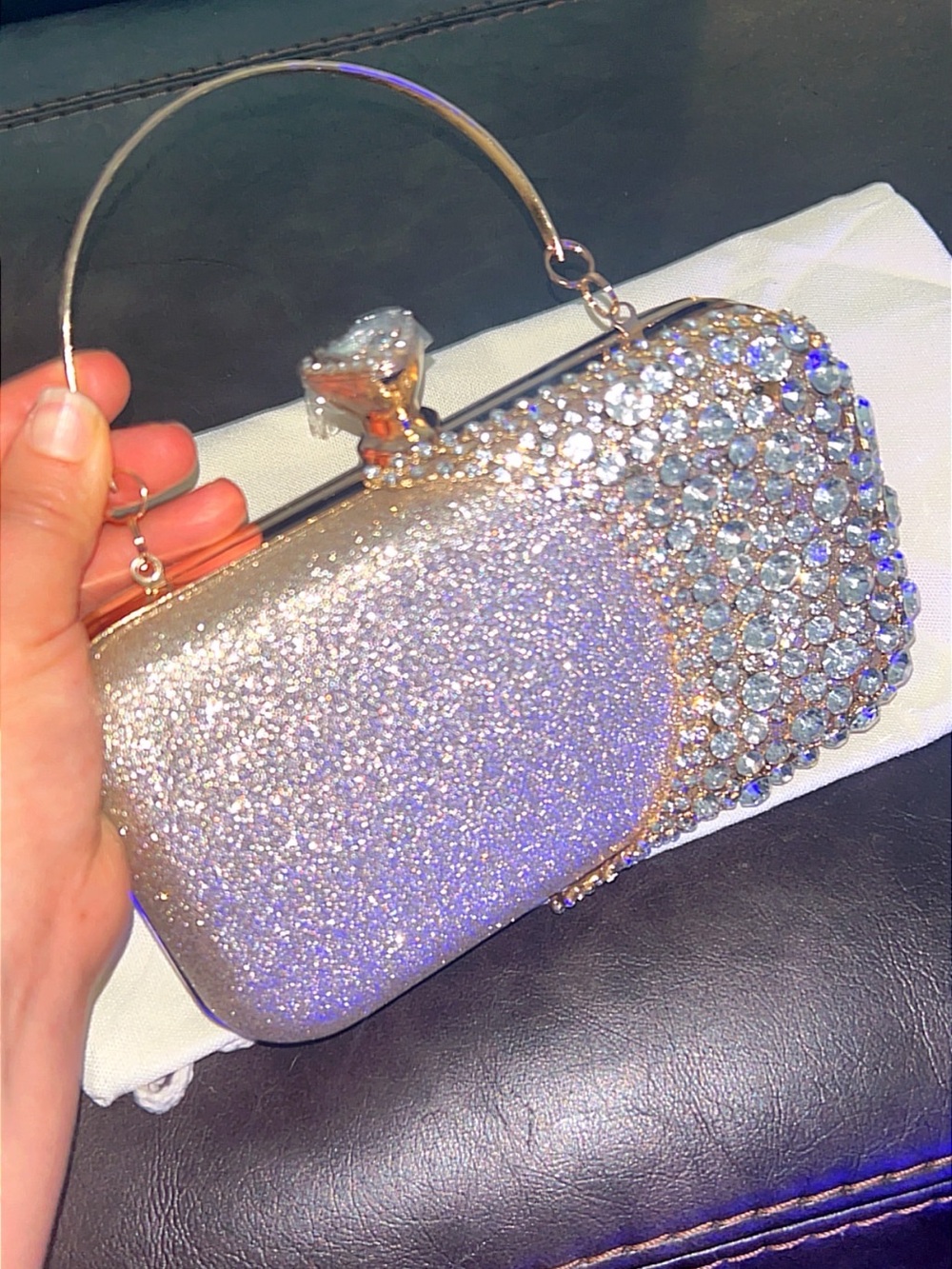 Crystal-Embellished Glitter Evening Clutch - Silver